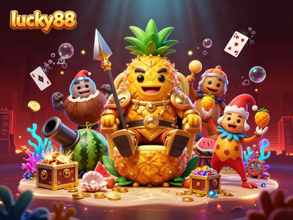 Experience thrilling wins at lucky88 with the engaging golden pineapple king in a vibrant beach casino scene.