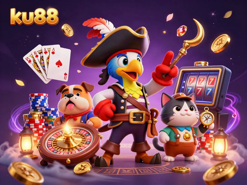 Experience thrilling wins at ku88 with a captivating 3D casino scene featuring interactive gaming elements.
