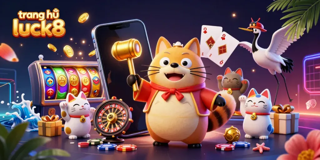 Experience the vibrant world of trang chủ luck8, featuring a cheerful tanuki, crane, and fortune cats celebrating with casino themes.