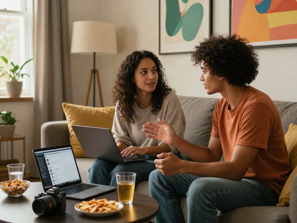 Engaging couple enjoying a sex chat online in a cozy living room.