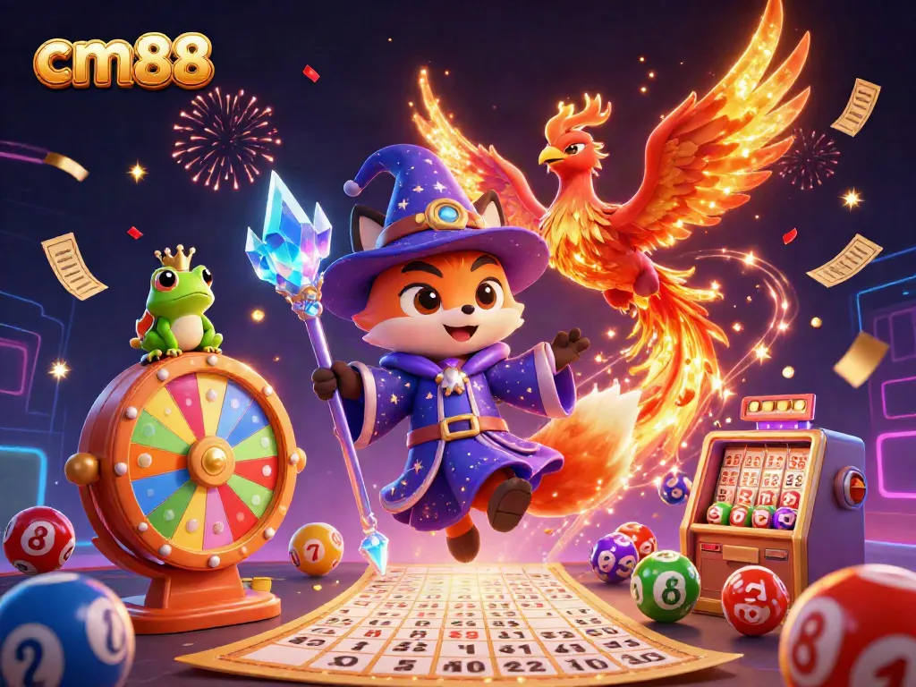 Experience the vibrant excitement of cm88 with a mystical wizard fox and phoenix, surrounded by dynamic gaming elements.