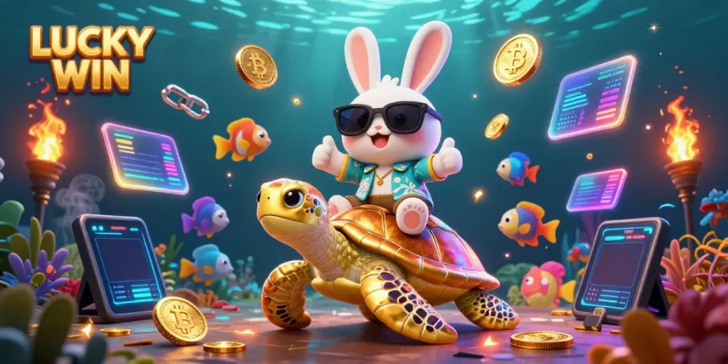 LUCKY WIN rabbit gives thumbs up on sea turtle, surrounded by cryptocurrency elements in a vibrant casino scene.