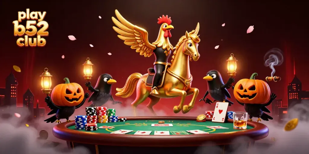 Experience the thrill to play b52 club with golden rooster characters in a vibrant casino scene.