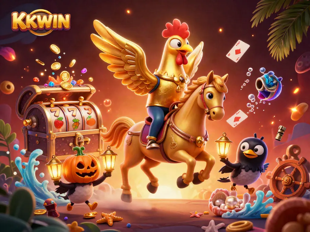 KKWIN engages in a vibrant casino adventure with a golden rooster and friends, exploring treasure.