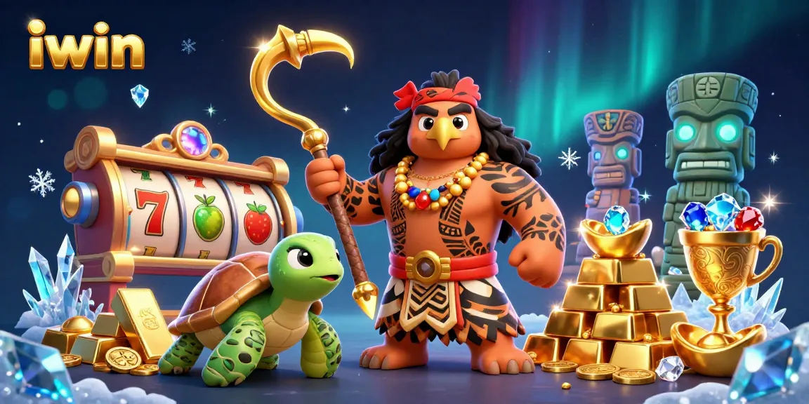 Engage with iwin's thrilling slot reels surrounded by vibrant treasure and magical characters.