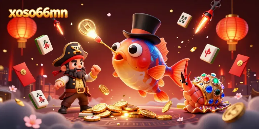 Experience xoso66mn with festive elements like glowing coins and lucky symbols in an engaging underwater casino world.