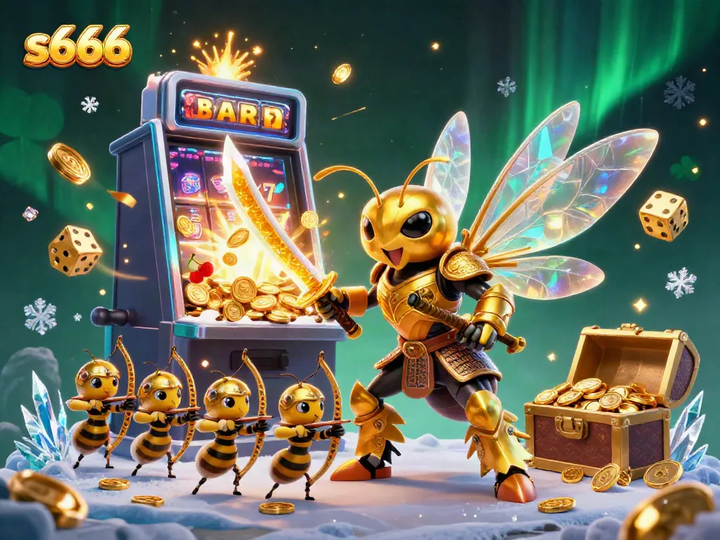 Experience the excitement of s666 with a vibrant casino scene featuring a golden hornet samurai among dynamic game elements.