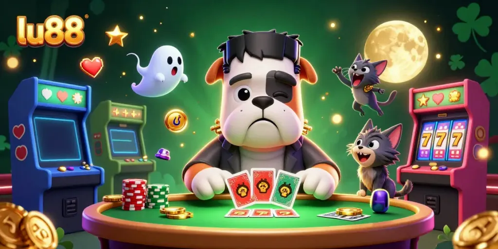 Experience unforgettable gaming at lu88 with a Frankenstein bulldog dealing cards amidst vibrant casino elements.
