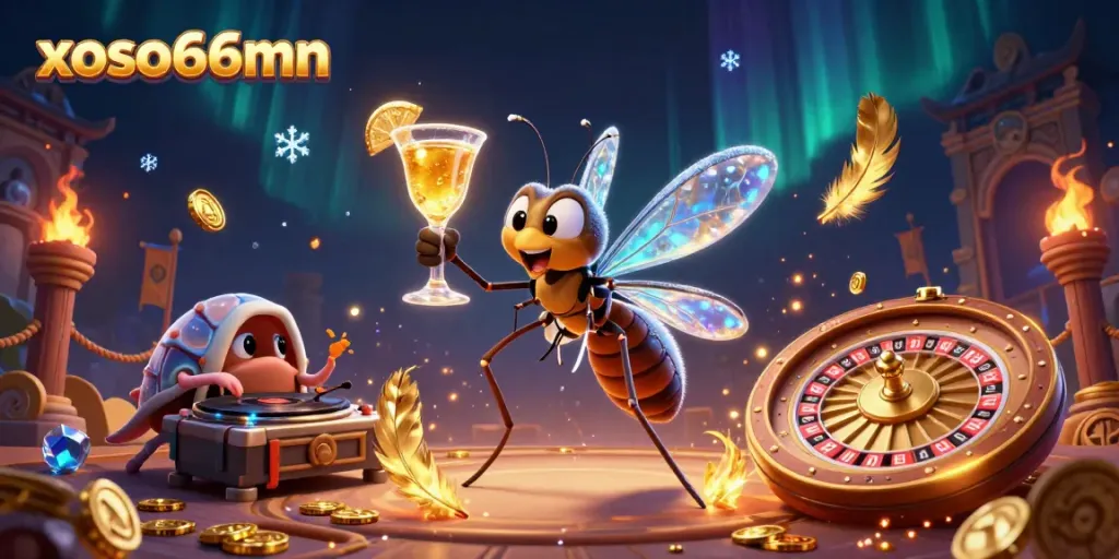 Experience an exciting xoso66mn casino scene with vibrant characters and dynamic elements.