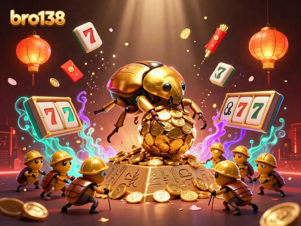 Spin the reels at bro138 with gold coins and festive elements in a vibrant casino scene.