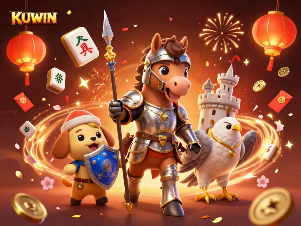 Experience KUWIN's thrilling gaming atmosphere with knights, fireworks, and lucky symbols.