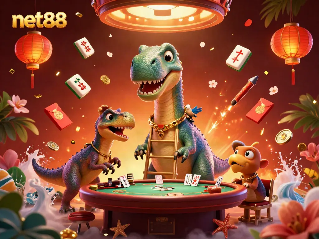 Experience the excitement of net88 with a playful dinosaur-themed casino scene, perfect for gambling enthusiasts.