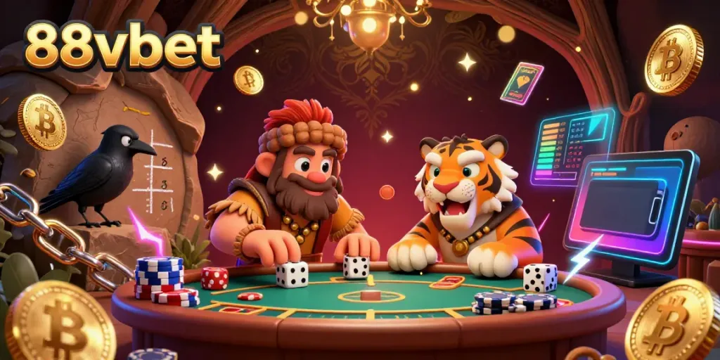 Engage in thrilling casino action at 88vbet with a vibrant 3D scene of cavemen and crypto elements.