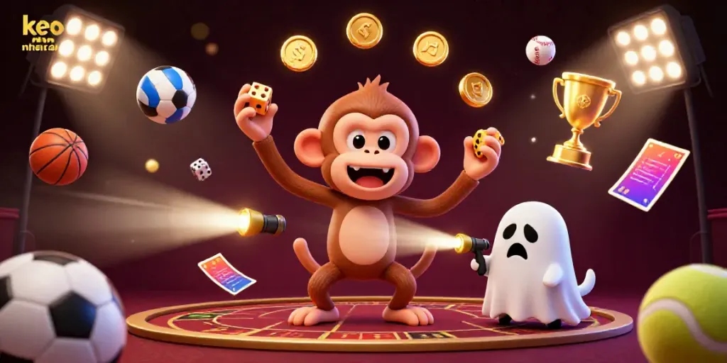Engage with keo nha cai in this vibrant casino scene with a playful poltergeist monkey and ghost-hunter puppy.