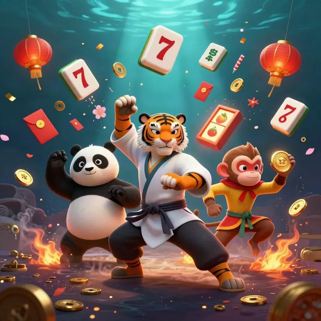Kung-fu tiger, panda, and monkey amid casino treasure, lanterns, coins, fireworks, and slot symbols