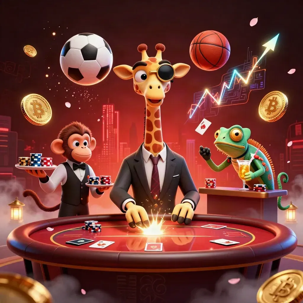 3D giraffe, monkey, and chameleon in a fiery casino scene with a soccer ball and basketball in flight.