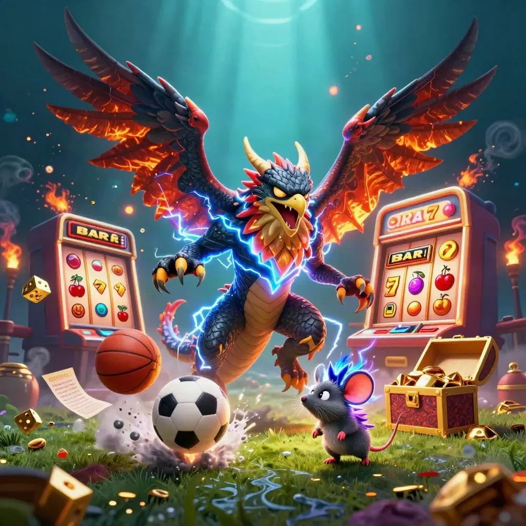 Thunder dragon, hawk, and mouse amid slot-machine jackpot burst and flying sports balls.