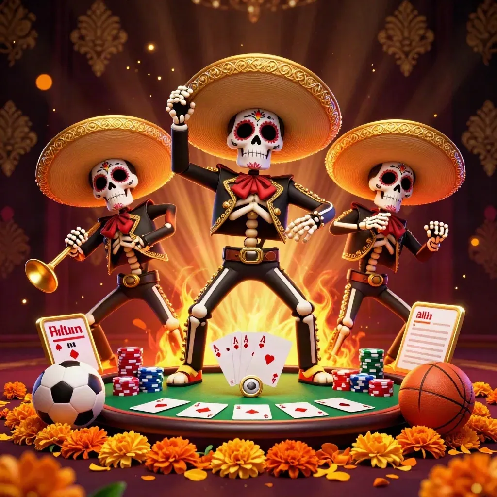 Skeleton mariachi trio amid poker chips, aces, ball props and fiery casino lights.