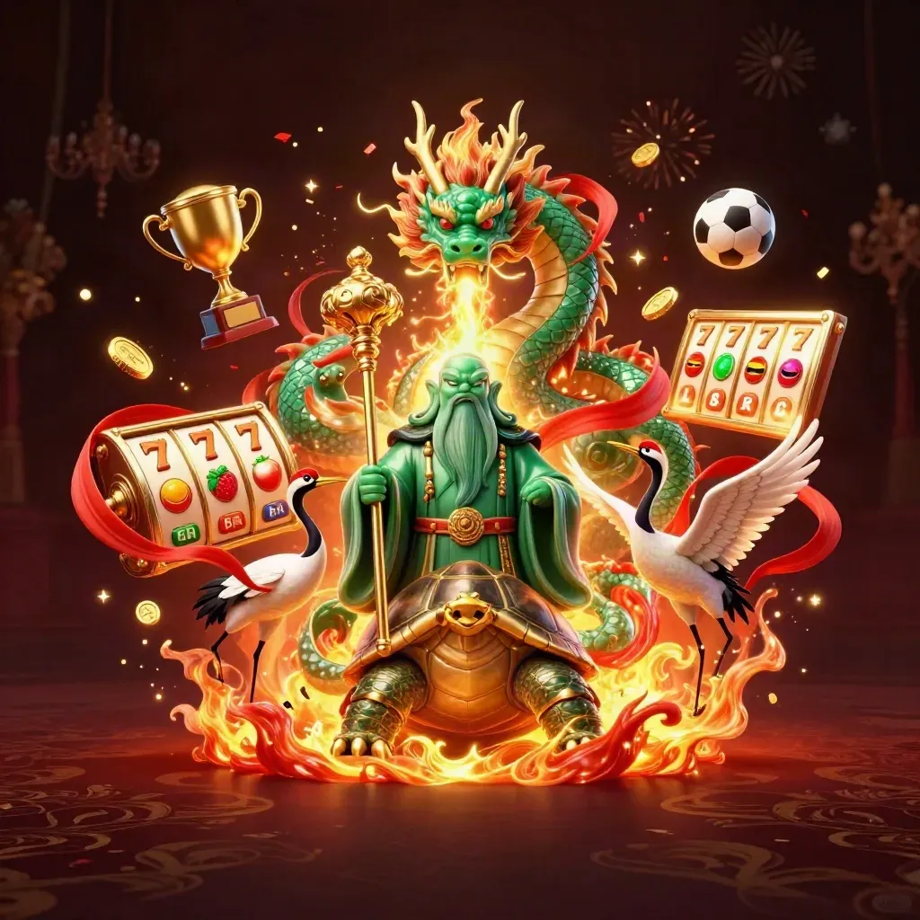 Emerald dragon, turtle sage and cranes amid fiery casino treasure, slot symbols and fireworks.