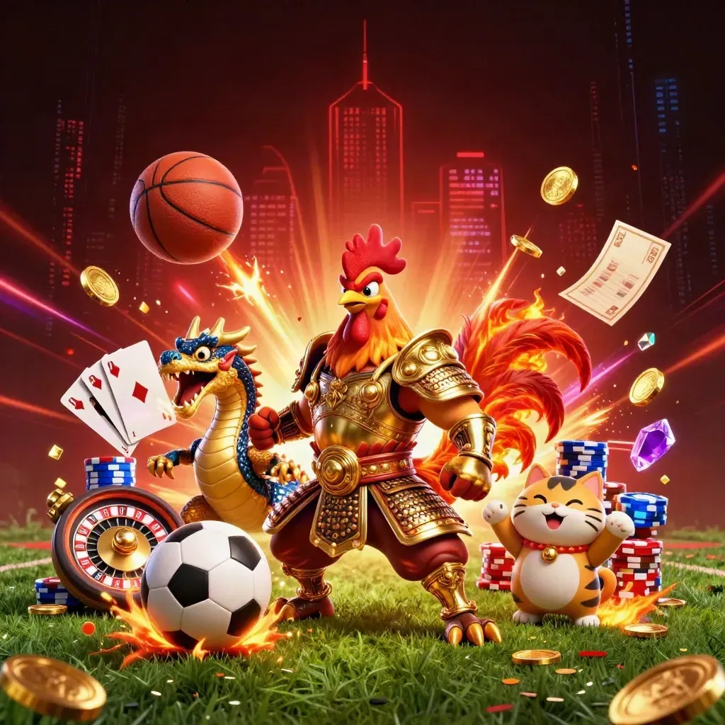 Rooster warrior and casino mascots amid flying balls, coins, chips, and sparks on a fiery field.