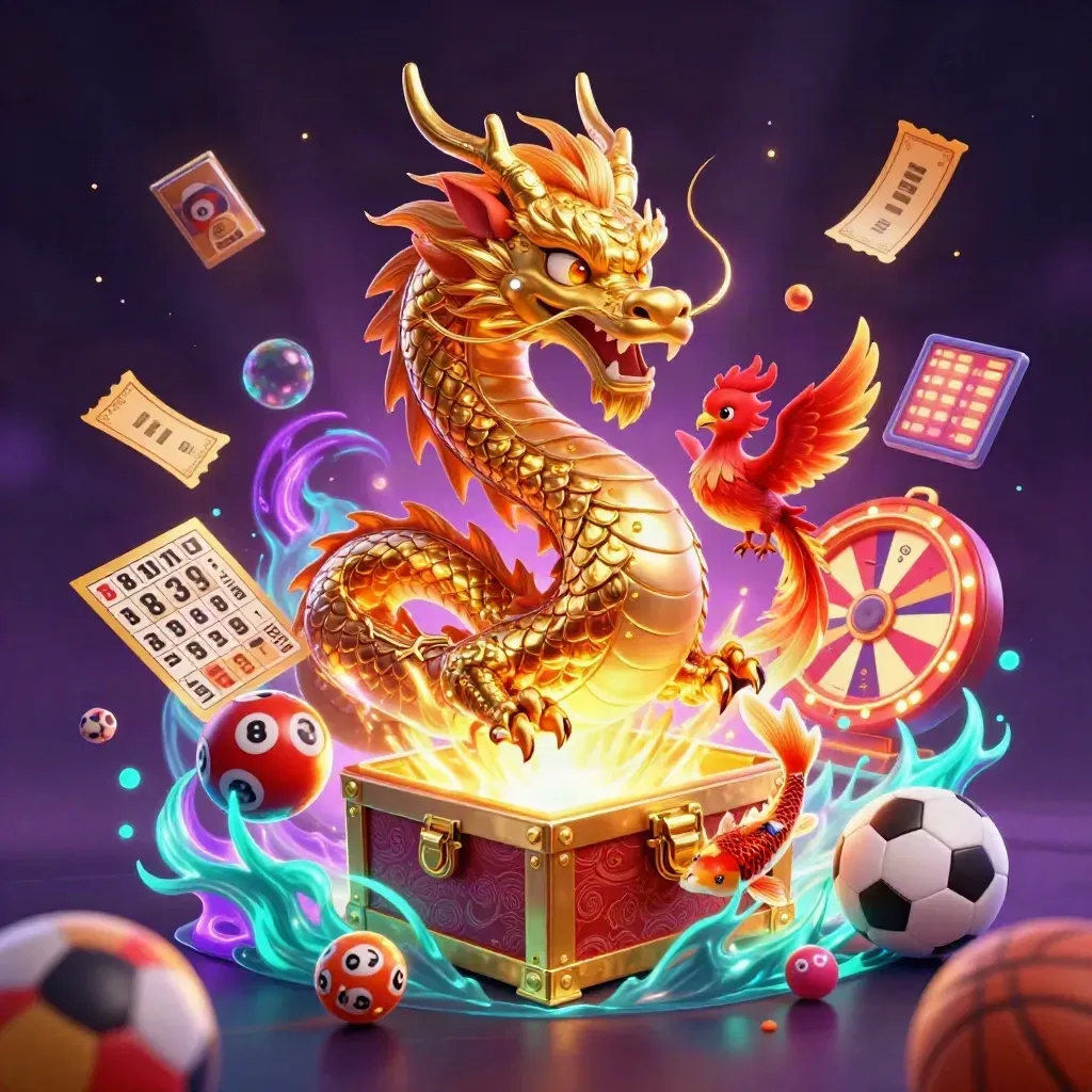 Neon dragon and casino sports icons explode in a purple-gold fantasy scene.