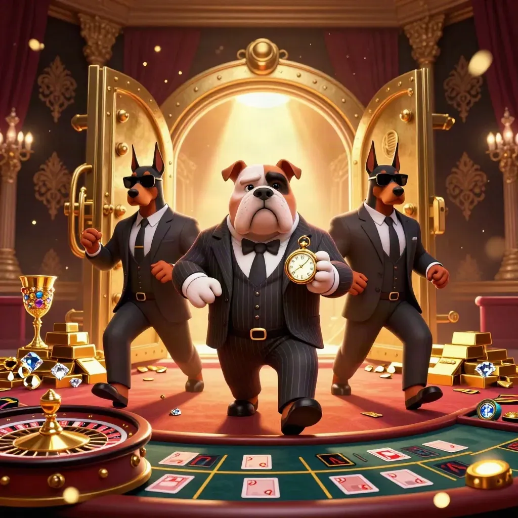 Bulldog boss and Doberman guards in a glowing luxury casino with vault door and gold.