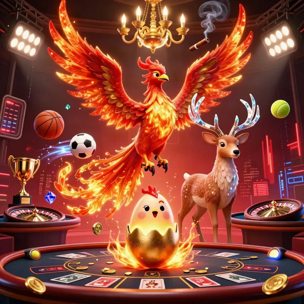 Phoenix, hatchling and crystal-antler stag in a fiery casino room with neon energy and gold luxury.
