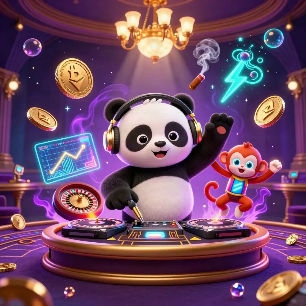 Panda DJ, breakdancing monkey, and glow-stick kitten in a neon casino room with coins and lightning.