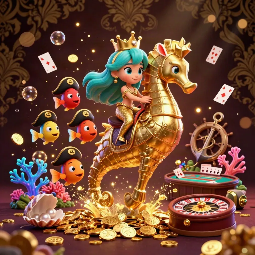 Mermaid princess rides armored seahorse through a glowing treasure cove with casino props.