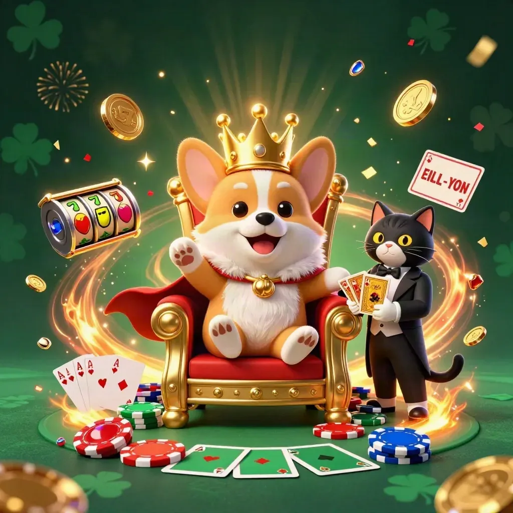 Royal corgi on chip throne with cat butler, cards, chips, sparks, and slot icons