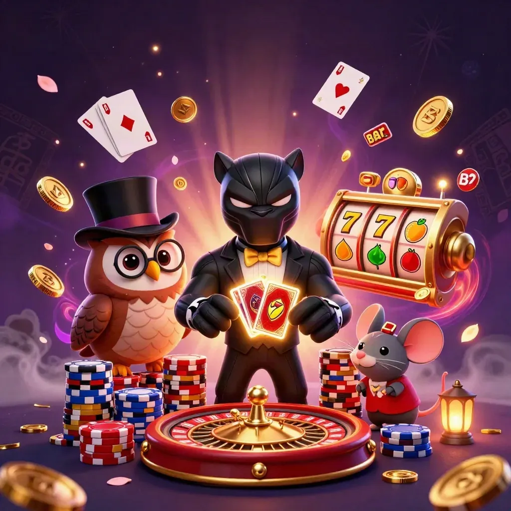 Panther, owl, and mouse casino heroes amid chips, cards, coins, and a spinning roulette wheel.