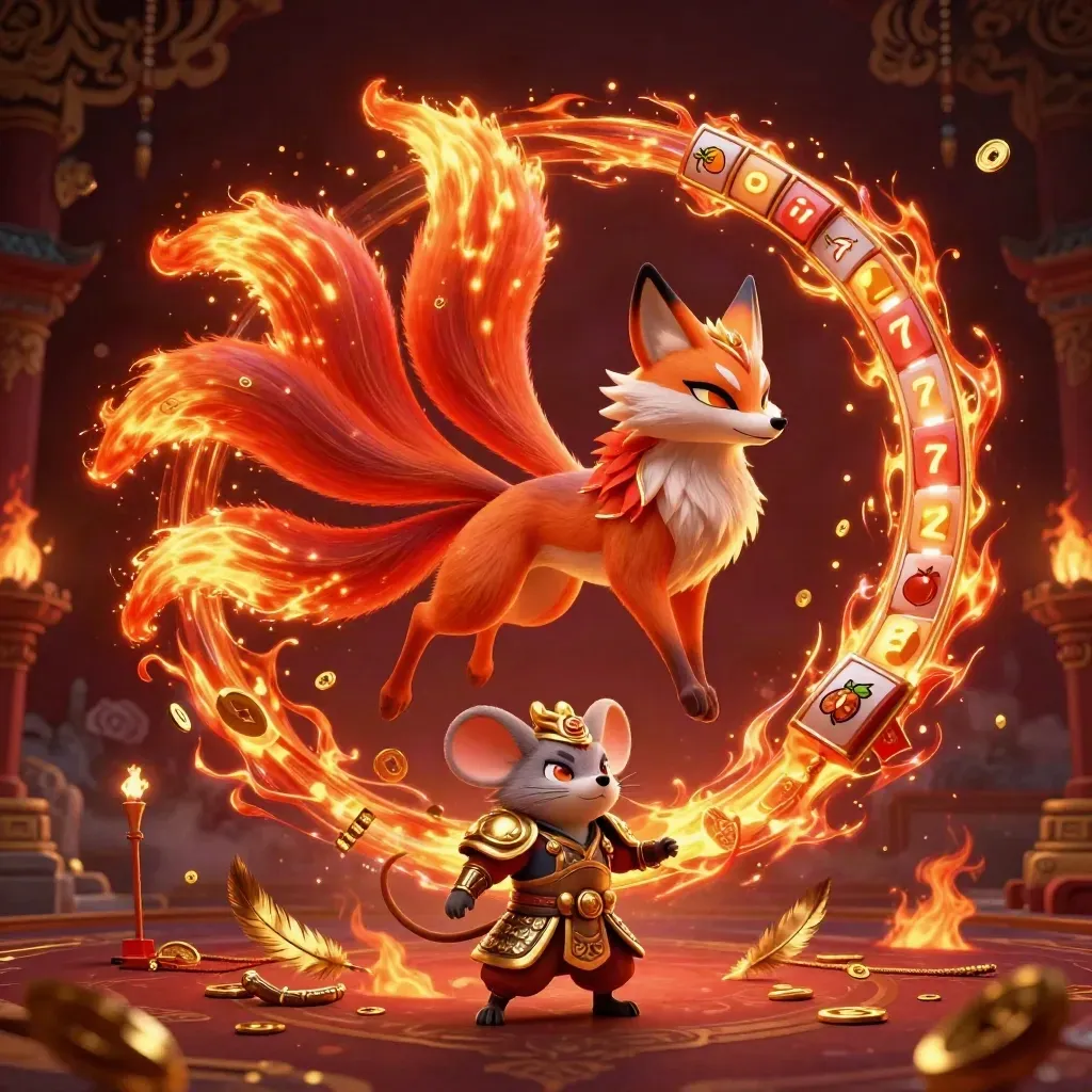 Fox spirit and armored mouse amid casino fire, coins, temple gate, and glowing embers.