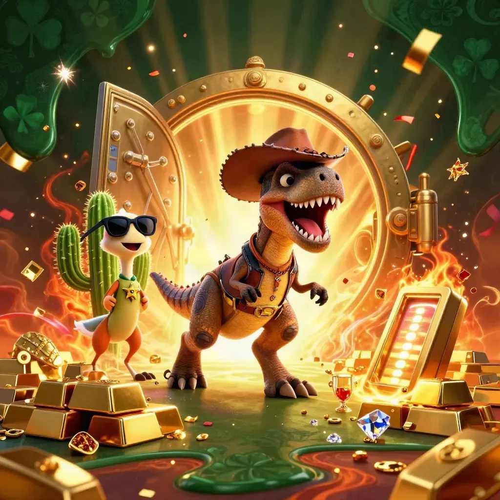 Cowboy T-Rex, cactus sidekick, and roadrunner burst from a glowing treasure vault in a fiery casino scene.