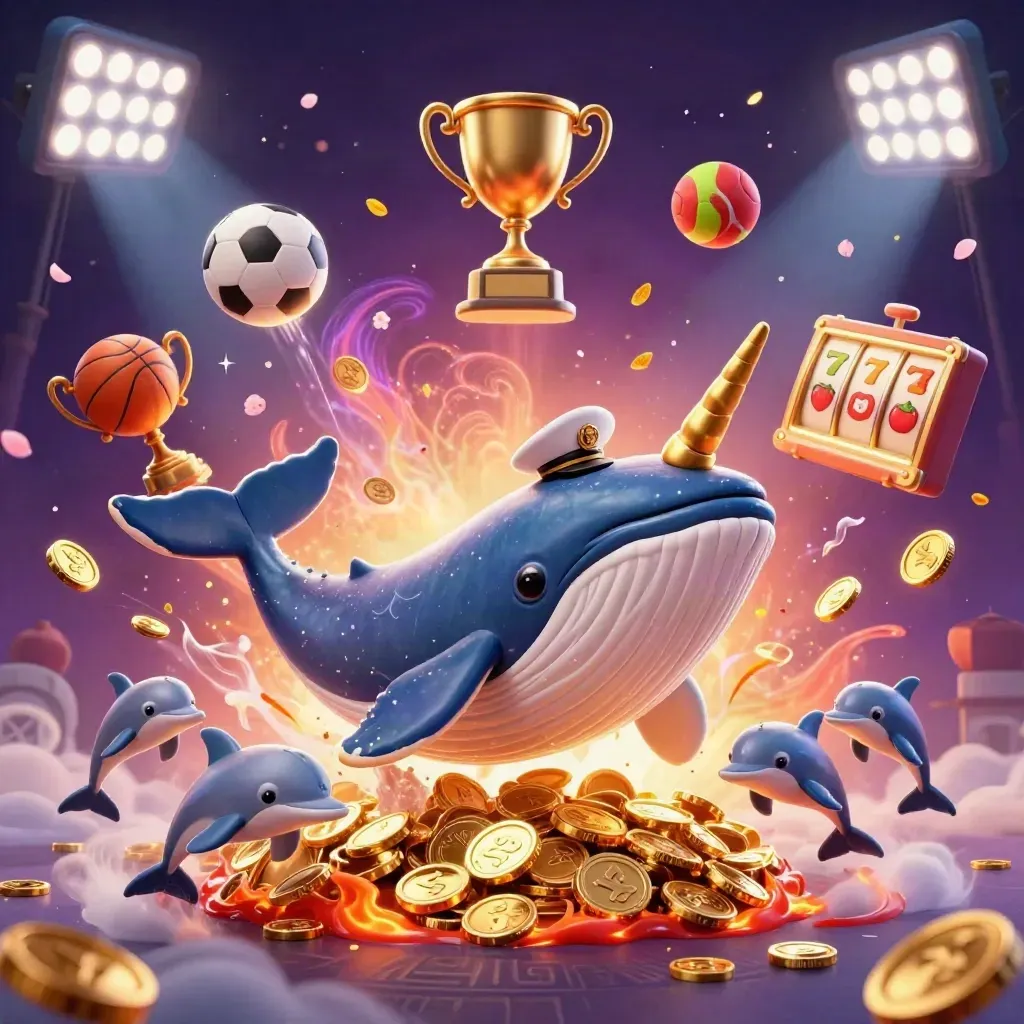 Whale captain, narwhal and dolphins burst from coins amid sports balls and casino glow.