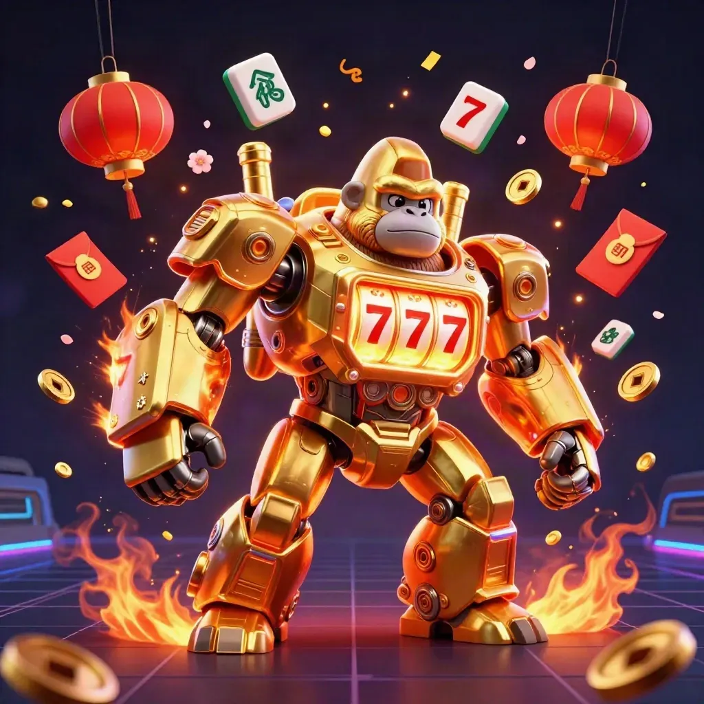 Golden gorilla mech with tiny monkey pilot, casino relics and fiery neon burst.