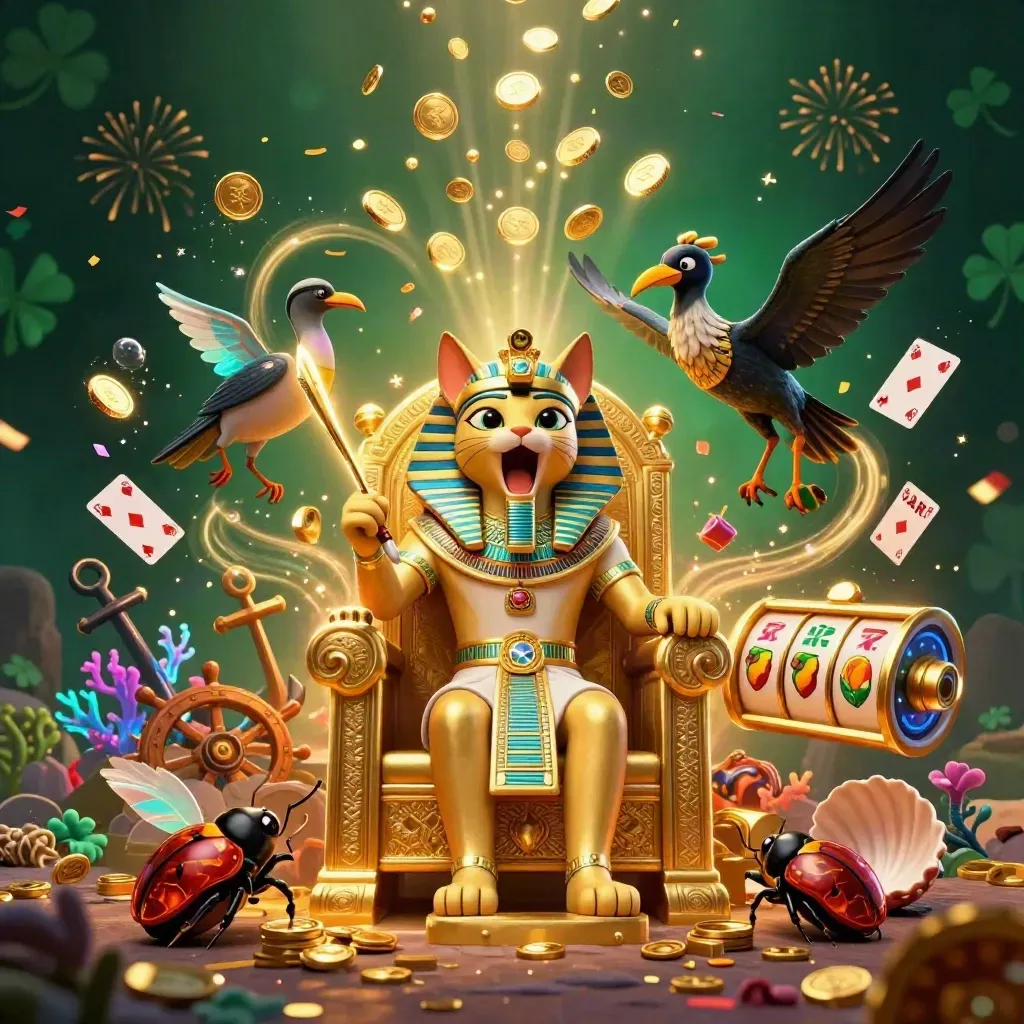 Pharaoh cat, ibis scribe, and gem-winged scarabs amid treasure, reels, coins, and fireworks.