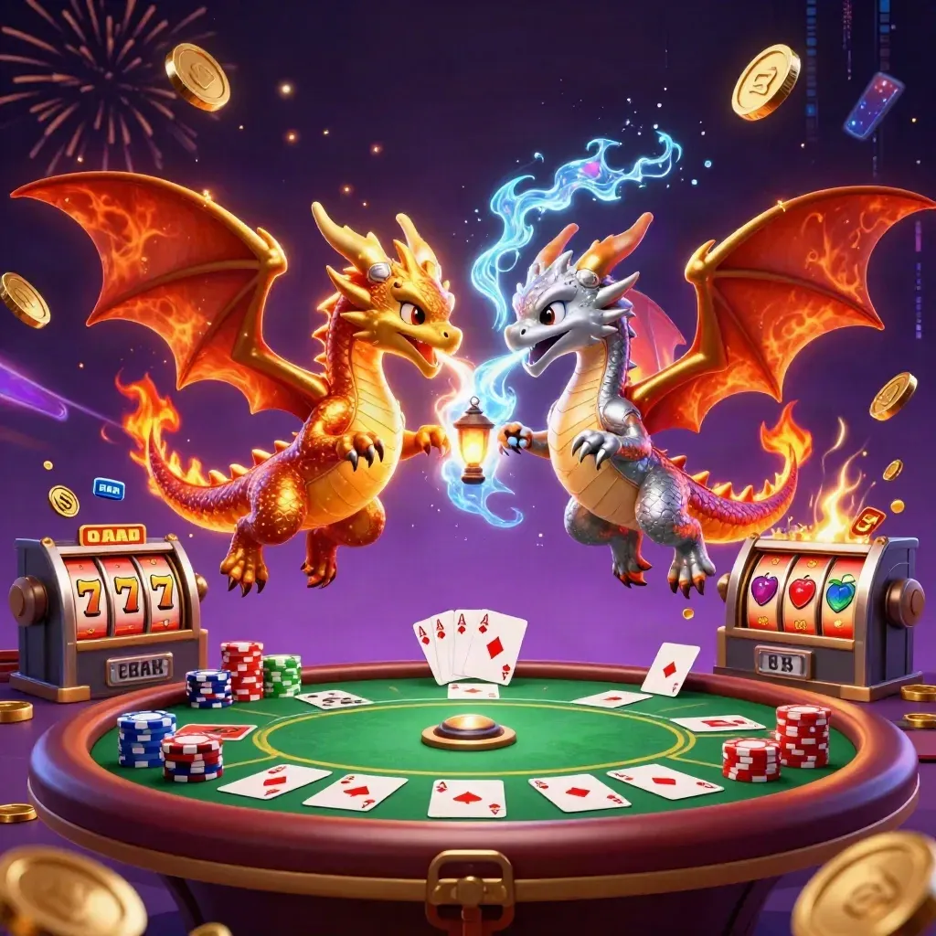 Twin gold and silver dragons burst amid coins, cards, reels, fireworks, and casino magic.