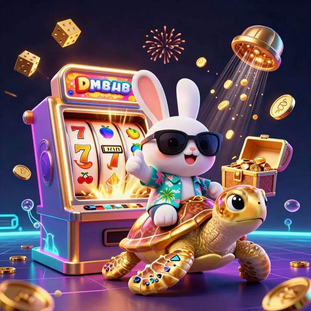 Lucky rabbit on a golden turtle amid slot jackpot burst, gold coins, fireworks, and neon glow
