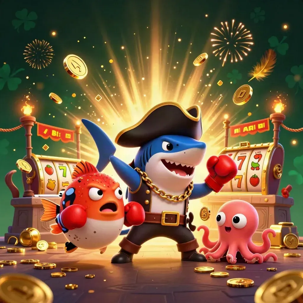 Pirate shark, boxing pufferfish and coin-juggling octopus amid casino treasure blast and fireworks.