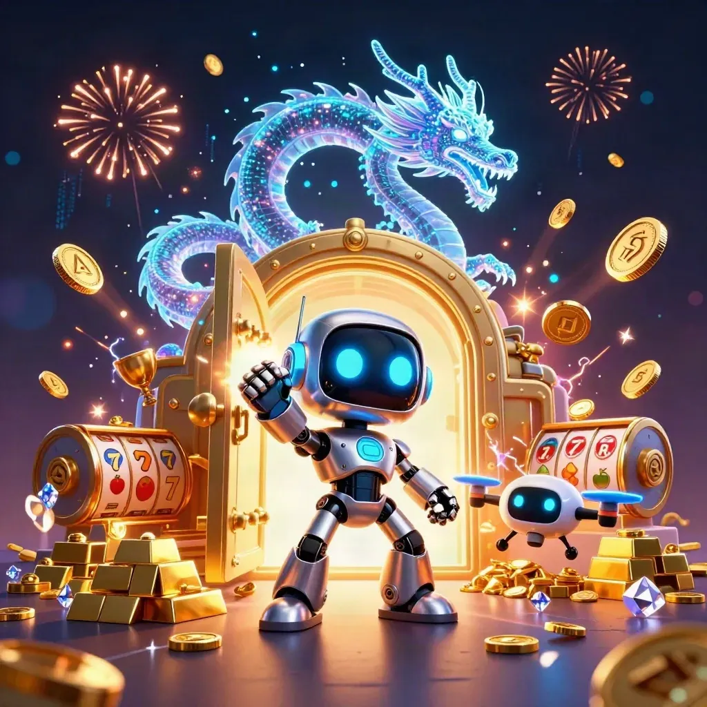 Cyberpunk robot, holographic dragon, and coin drone burst from a vault with gold, gems, and fireworks.