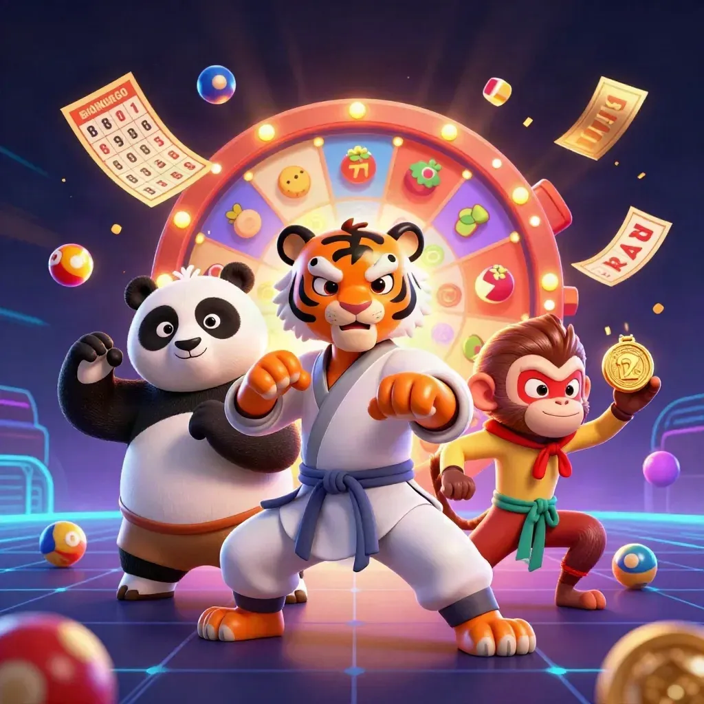 Tiger master, panda disciple, and monkey student amid glowing casino reels and jackpot effects.