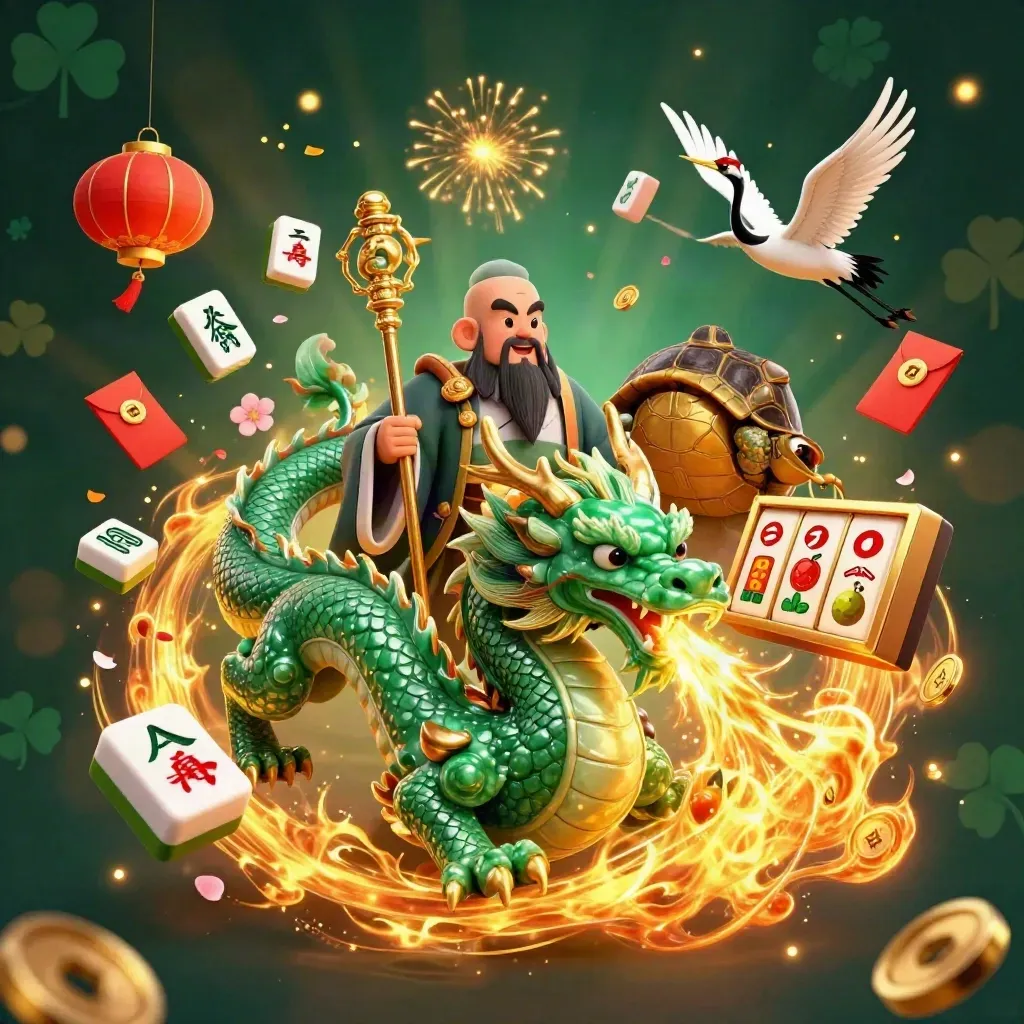 Emerald dragon, turtle sage, and cranes amid casino symbols in fiery gold light.