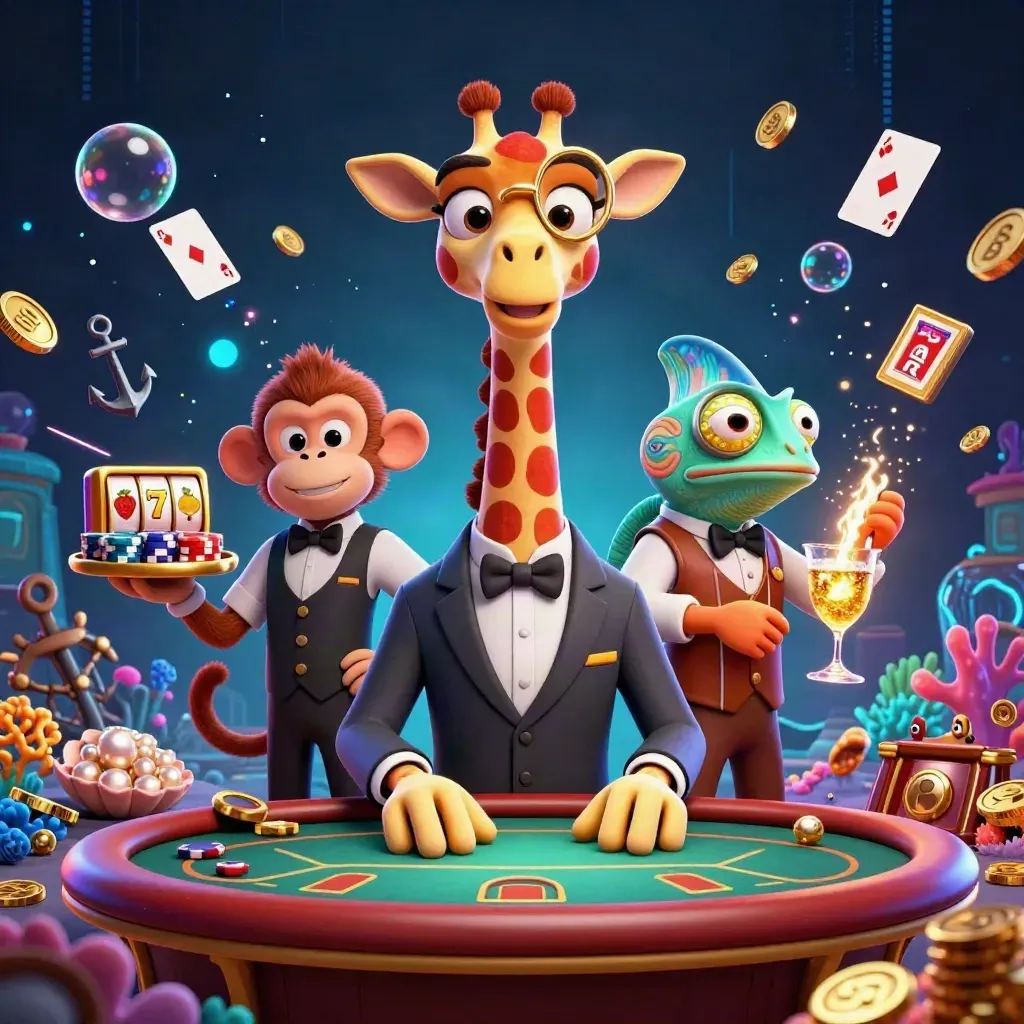 High-roller giraffe, monkey valet, and chameleon bartender in a glowing underwater casino scene.