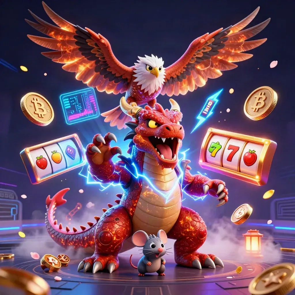Thunder dragon, wind hawk, and crackling mouse amid casino coins and lightning.