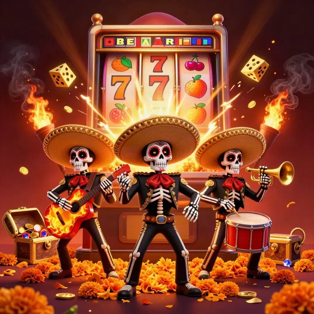 Skeleton mariachi trio with exploding slot machine, gold, dice, and fiery casino glow.