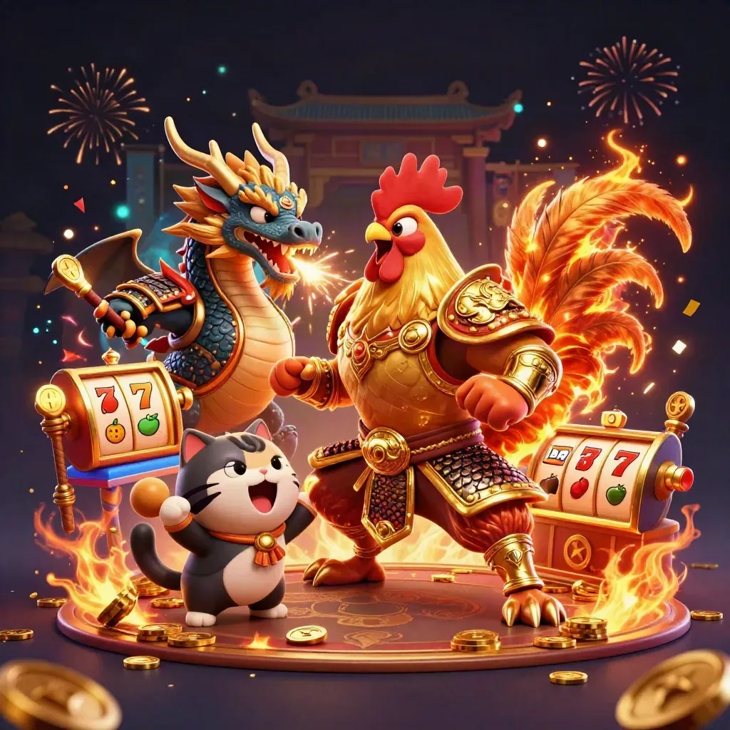 Rooster samurai, spark-breathing dragon hatchling, and lucky cat amid casino fire and coins