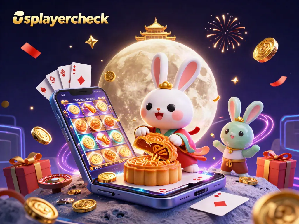 Experience exciting gameplay at usplayercheck with a lively casino scene featuring a moon rabbit, poker chips, and vibrant game elements.