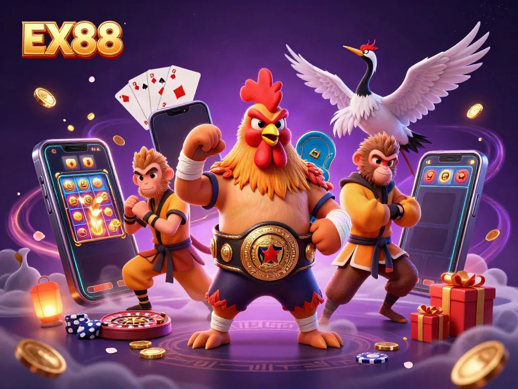 Experience excitement with EX88's vibrant 3D illustration of casino elements and dynamic characters.