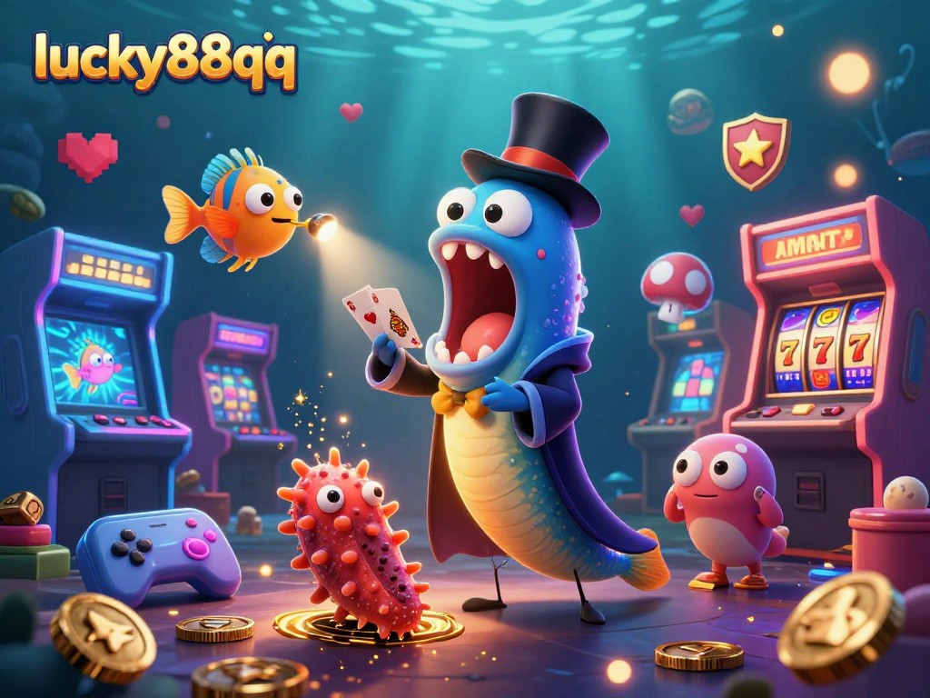 Engage with lucky88qq as the bioluminescent eel performs magic tricks amidst vibrant casino elements.