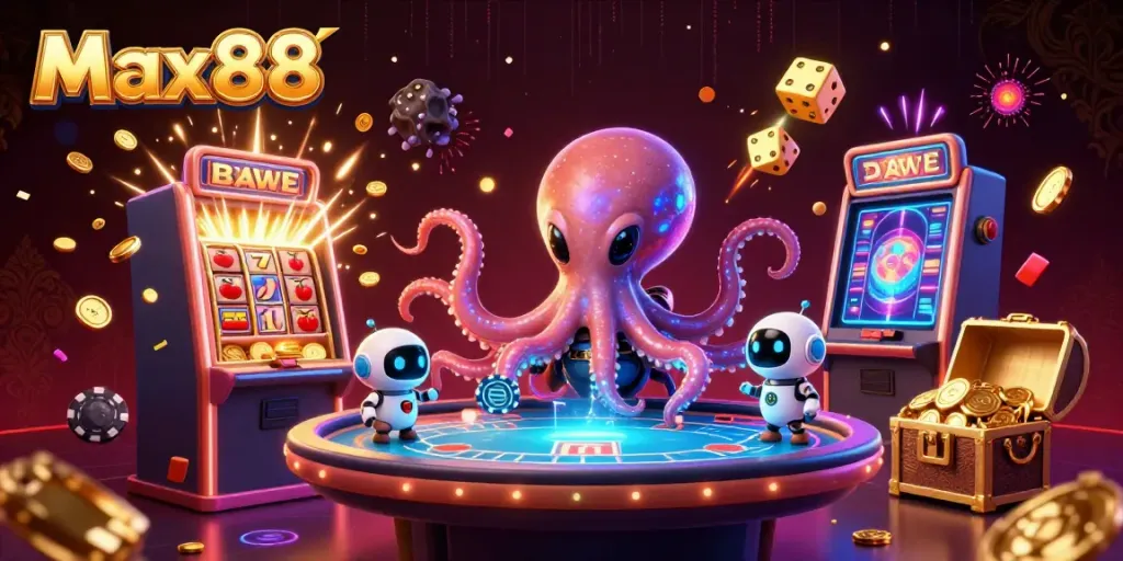 Engage in thrilling gaming at Max88 with interactive holographic tables and vibrant slot machines.